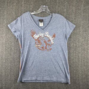 Harley-Davidson Shirt Womens XL Blue Made USA V-Neck Eagle Graphic Biker Tee